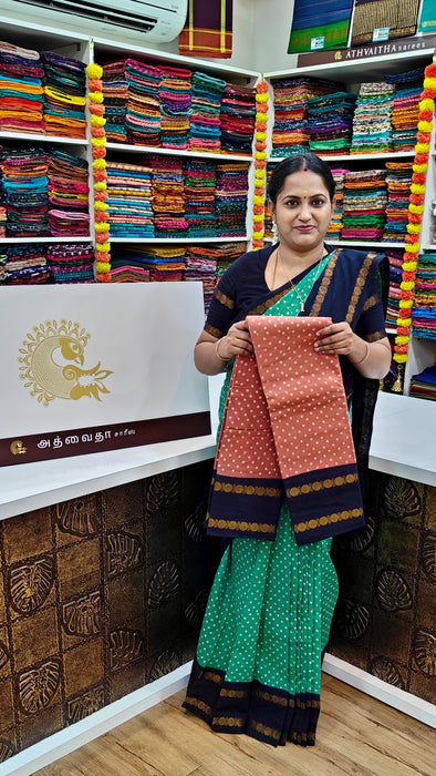 Heritage Rani Sungudi Cotton Polka Dot With Doubleside Rudraksha Border-Contrast