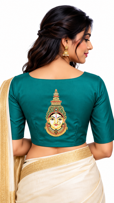 Teal Green Silk Cotton Readymade Blouse with Lakshmi Modif
