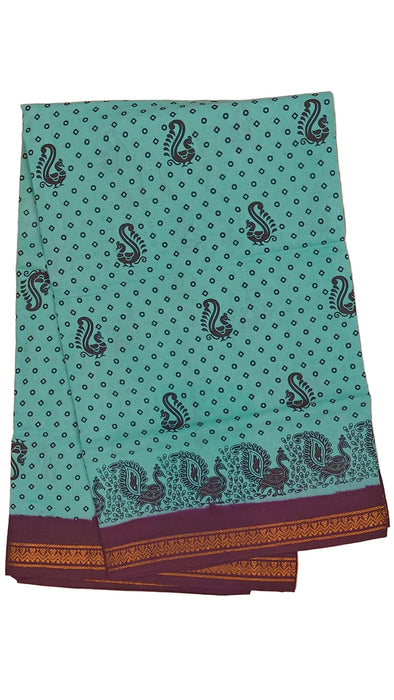 Rani Sungudi Cotton Sarees Double Side Zari Border Polka Dot With Mayil Print-SkyBlue-Purple