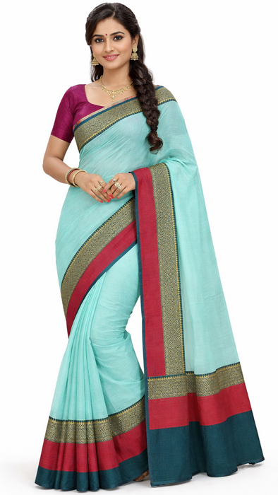 Narayanpet Cotton Saree - SkyBlue Thread Border
