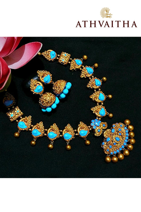 Gold And Seablue Finished Terracotta Necklace with Earring