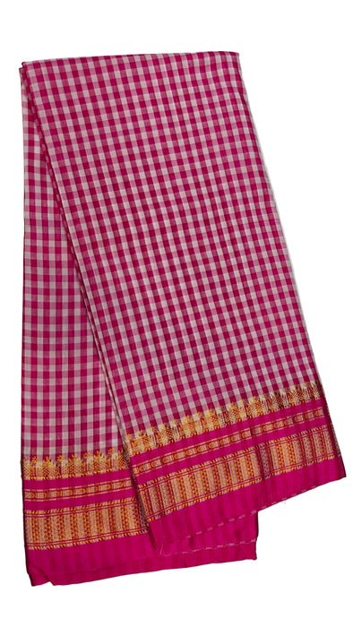 Timeless Ilkal Tradition, Woven with Zari Elegance -Rani Pink & White Checks with a Golden Zari