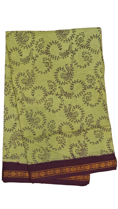 Rani Sungudi Cotton Sarees Double Side Zari Border Parrot Print-Yellowishgreen-Purple