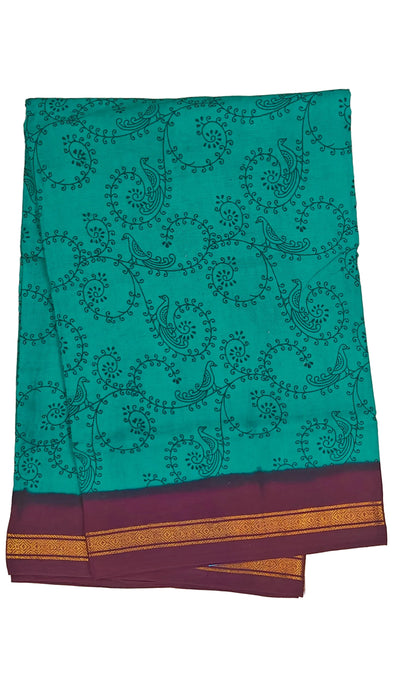 Rani Sungudi Cotton Sarees Double Side Zari Border Parrot Print-Green-Purple