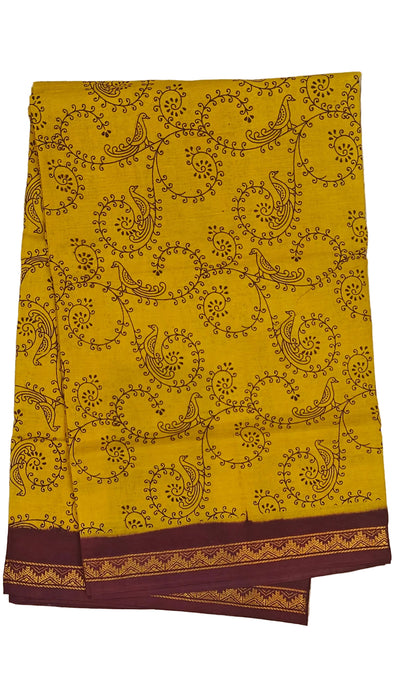 Rani Sungudi Cotton Sarees Double Side Zari Border Parrot Print-Musturd-Maroon