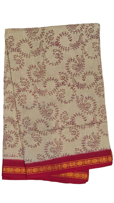 Rani Sungudi Cotton Sarees Double Side Zari Border Parrot Print-Biscut-Pink