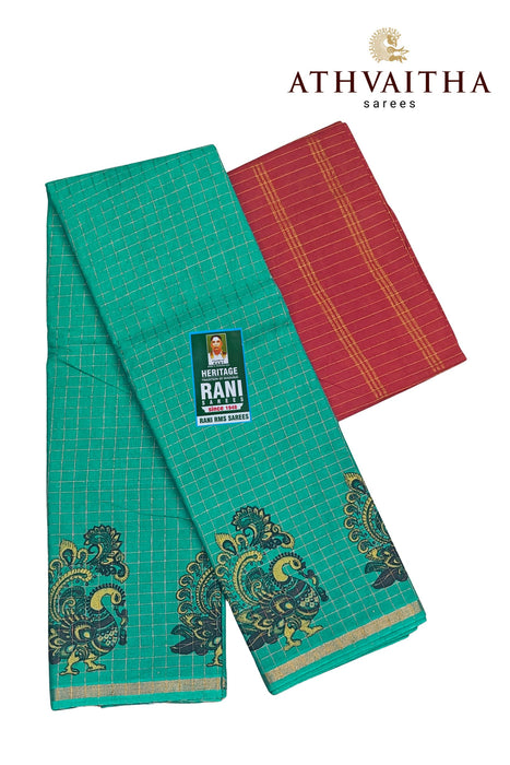 Rani Zari Checks With Kalamkari Design Contrast With Blouse