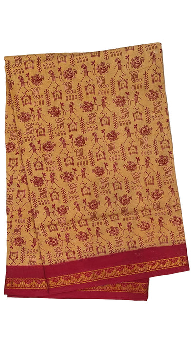Rani Sungudi Cotton Sarees Double Side Zari Border WarliPrint -Sandal-Red