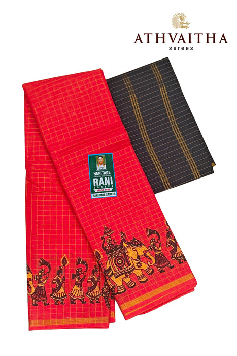 Rani Zari Checks With Kalamkari Design Contrast With Blouse