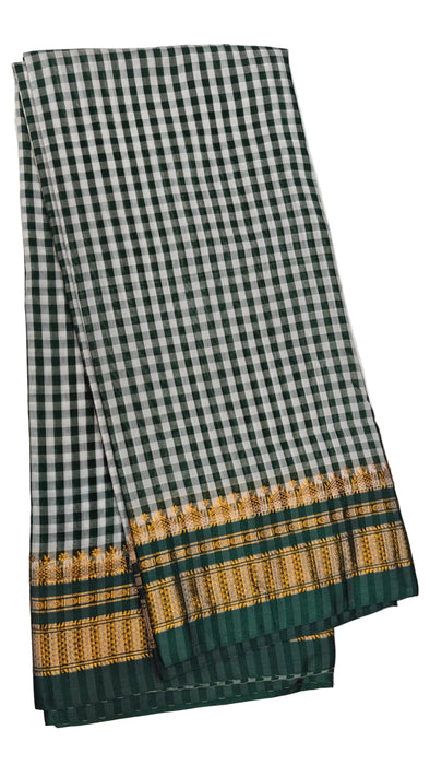 Timeless Ilkal Tradition, Woven with Zari Elegance -Dark Bottle Green & White Checks with a Golden