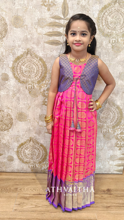 Thara Rani Pink Traditional Kids Maxi Gown With Blue Jacket