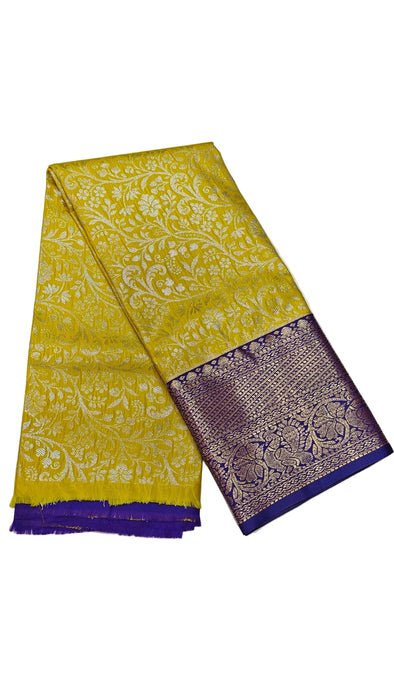Pattu pavadai sattai Material and Langa blouse for kids and women-Mustard Yellow with Royal Blue