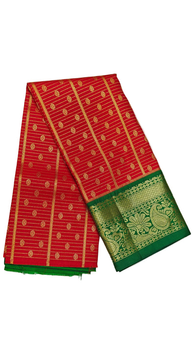 Pattu pavadai sattai Material and Langa blouse for kids and women-Crimson Red with Emerald Green