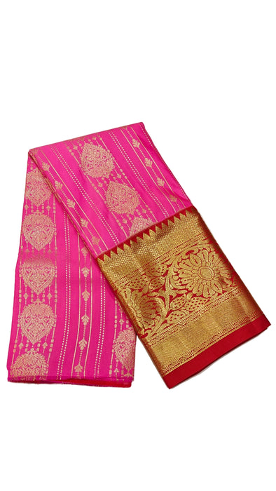 Pattu pavadai sattai Material and Langa blouse for kids and women-Rani Pink with a Gold Zari