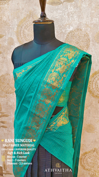 Rani Sungudi Half Saree Material Gold Zari - DarkBlue-RamaGreen