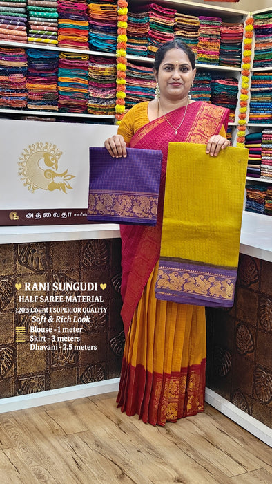 Rani Sungudi Half Saree Material Gold Zari - Mustard-Violet