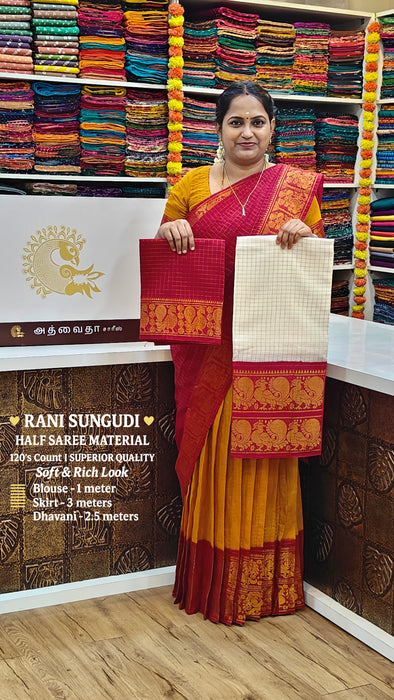 Rani Sungudi Half Saree Material Gold Zari Big Border-White-Maroon