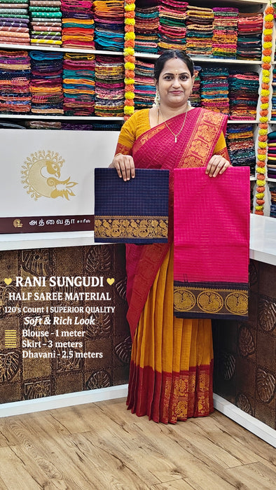 Rani Sungudi Half Saree Material Gold Zari-Pink-DarkBlue