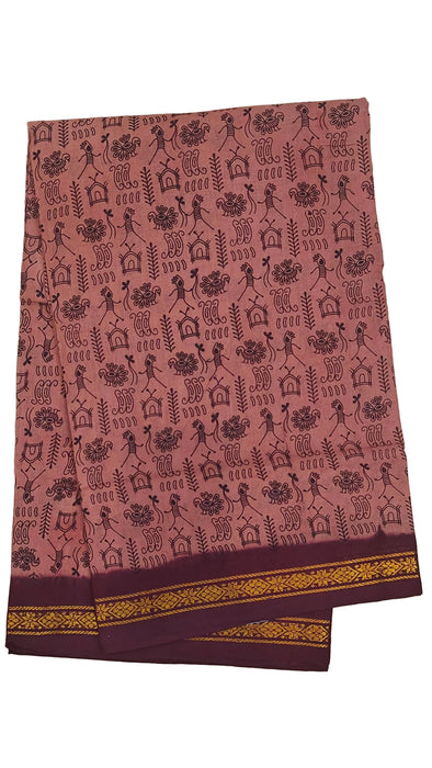 Rani Sungudi Cotton Sarees Double Side Zari Border WarliPrint -Chocolate-Maroon
