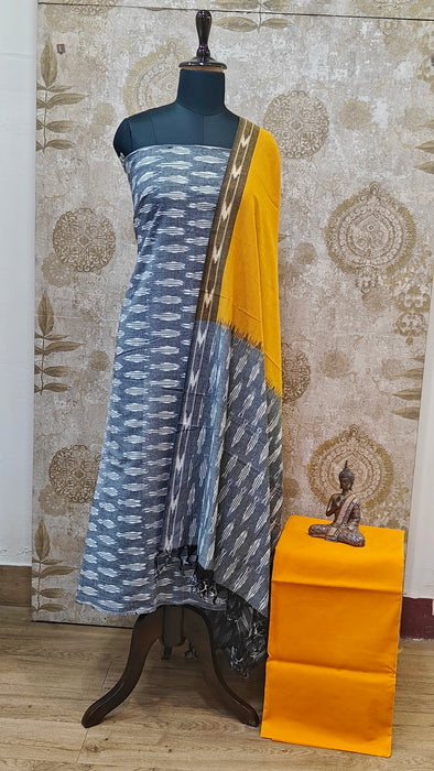 Ikkat Pochampally Pure Cotton Salwar Material -Gray With Yellow