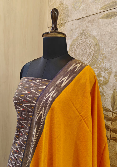 Ikkat Pochampally Pure Cotton Salwar Material - Brown With Yellow