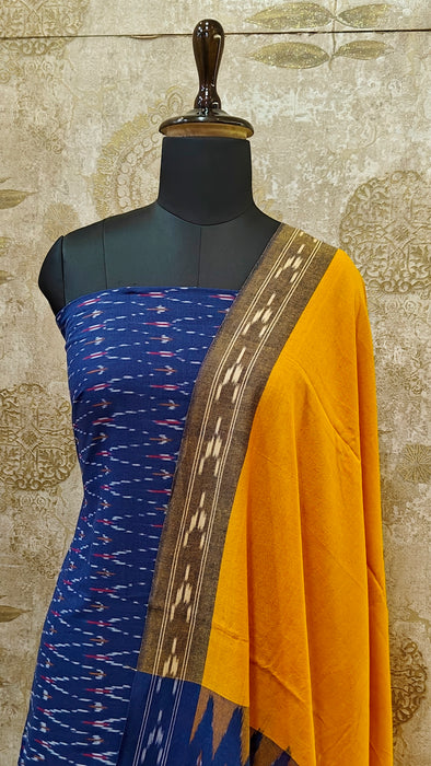Ikkat Pochampally Pure Cotton Salwar Material -DarkBlue With Yellow