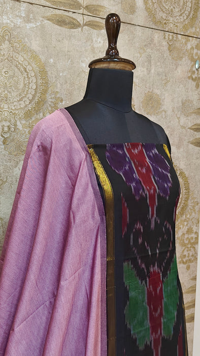 Ikkat Sico Silk Cotton Salwar Material - Black With OnionPink