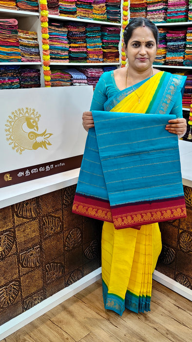 Rani Sungudi Cotton Saree With Doubleside Contrast Border Veldhari -SkyBlue-Maroon