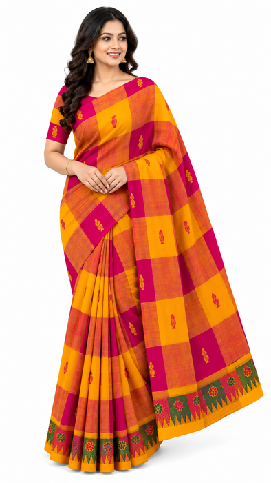 Chettinad Cotton Checked Saree – Pink With Yellow Thread Border