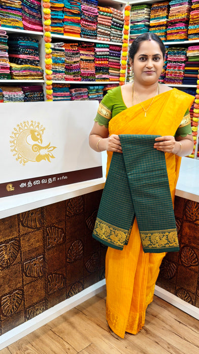 Sungudi Cotton Zari Checks Saree – Handcrafted Elegance from Madurai -Bottle Green