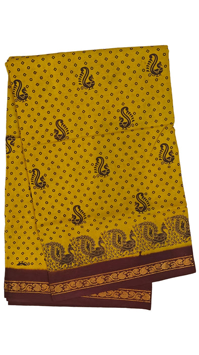 Rani Sungudi Cotton Sarees Double Side Zari Border Polka Dot With Mayil Print-Mustard-Maroon