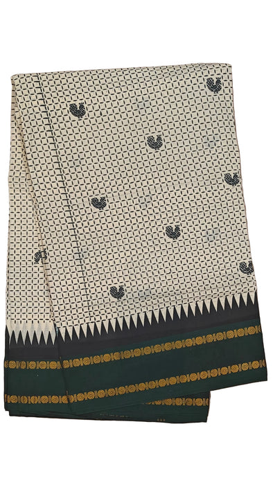 Rani Sungudi Cotton Sarees Double Side Kasumalai Contrast Border -Offwhite-BottleGreen