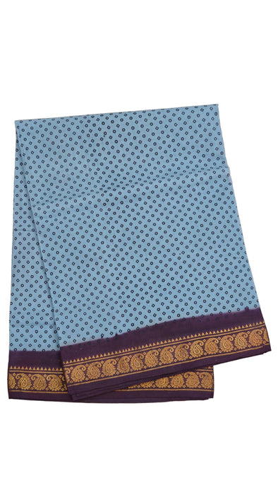 Light blue fabric with dark blue pattern and purple border 