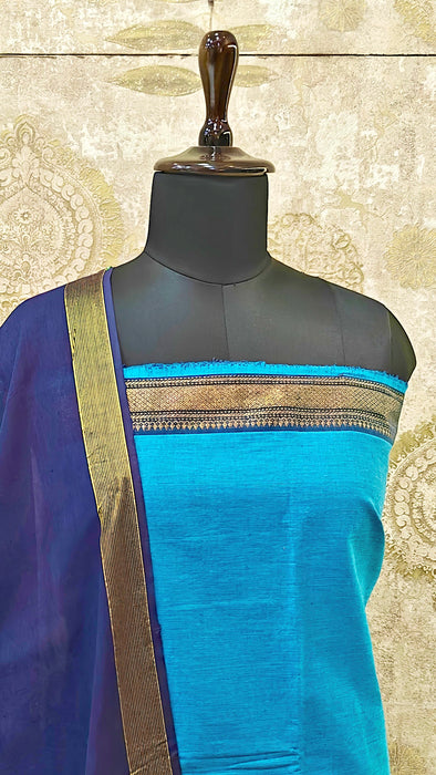 Mangalagiri Cotton Salwar Material - Light Blue With DarkBlue