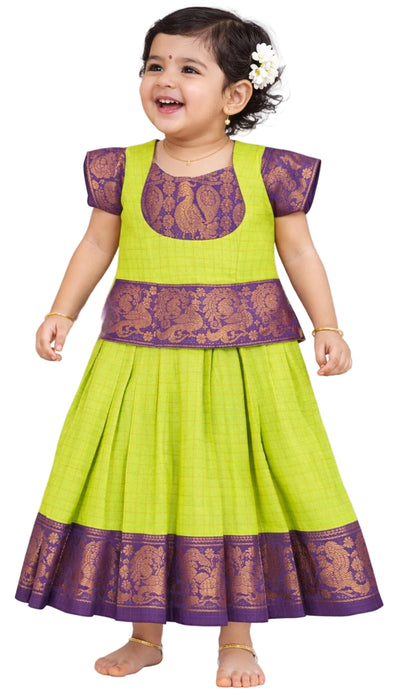 Kids Pavadai Sattai Heritage Rani Sungudi Cotton – Green & Purple Traditional South Indian Baby Girl Dress