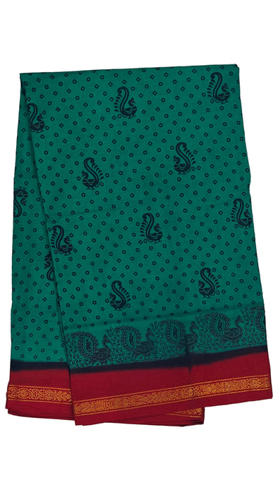 Rani Sungudi Cotton Sarees Double Side Zari Border Polka Dot With Mayil Print-Green-Red