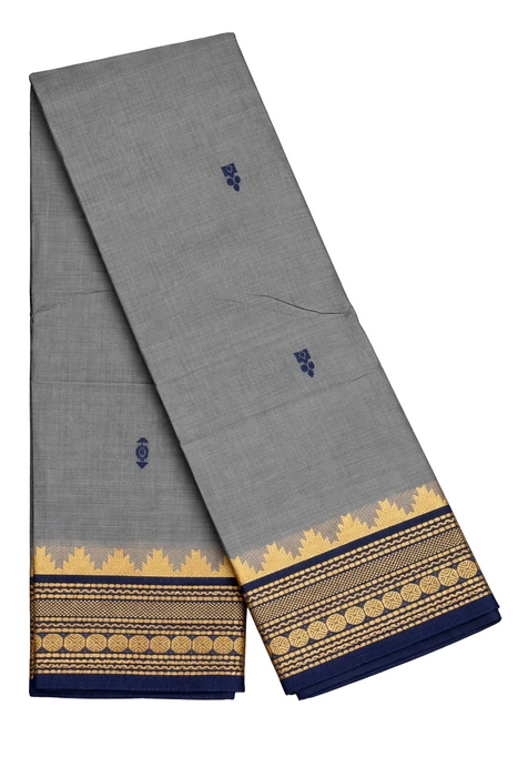 Gray saree with blue and gold border on a white background