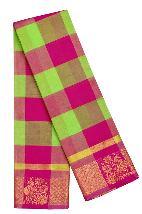 Chettinad Cotton Checked Saree – Snehagreen-Pink With Gold Zari Border