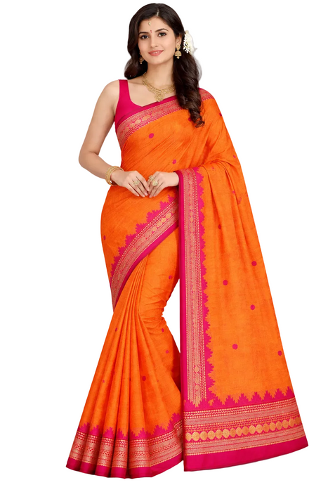 Chettinad Cotton Saree with Traditional Border - Orange With Pink