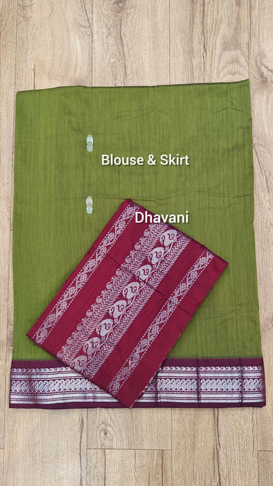 Cotton Half Saree Material - Green With Maroon