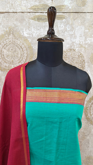 Mangalagiri Cotton Salwar Material - Teal Green & Maroon
