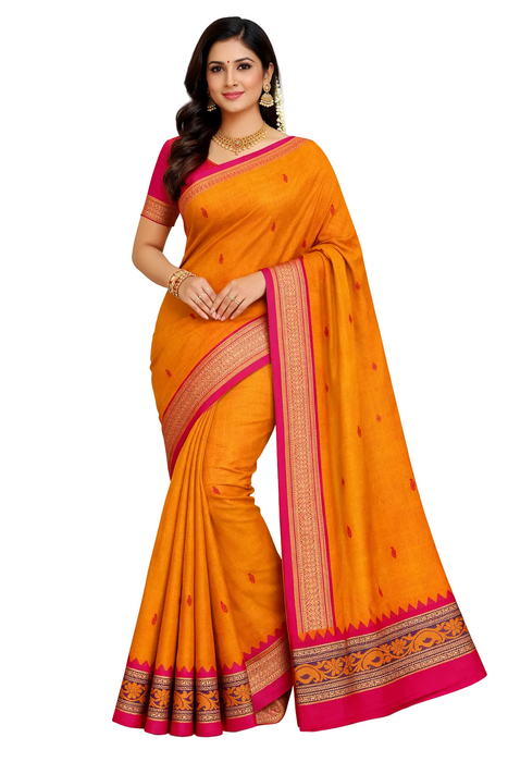 Handloom Chettinad Cotton Saree – Lightorange With Pink
