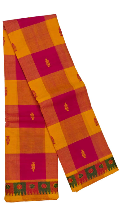 Chettinad Cotton Checked Saree – Pink With Yellow Thread Border