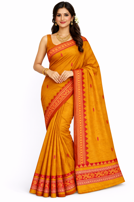 Chettinad Cotton Saree with Traditional Border - Mustard With Redsoil