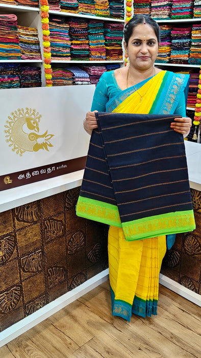 Rani Sungudi Cotton Saree With Doubleside Contrast Border Veldhari -Black-SnehaGreen