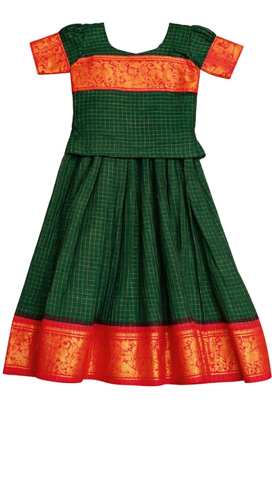 Bottle Green Sungudi Cotton Girls Dress