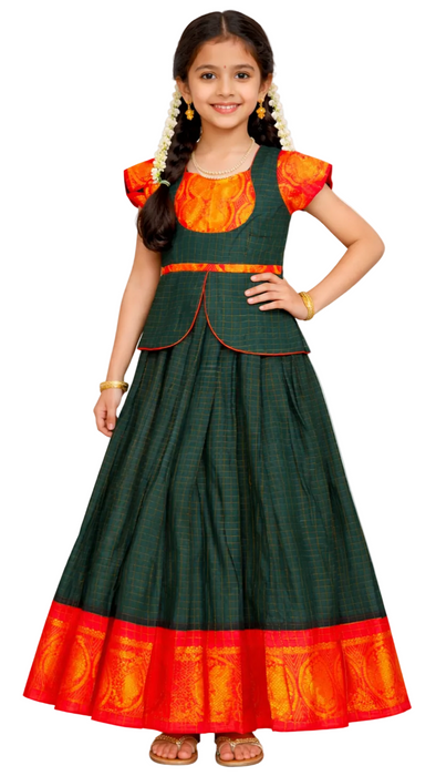 Bottle Green Sungudi Cotton Girls Dress
