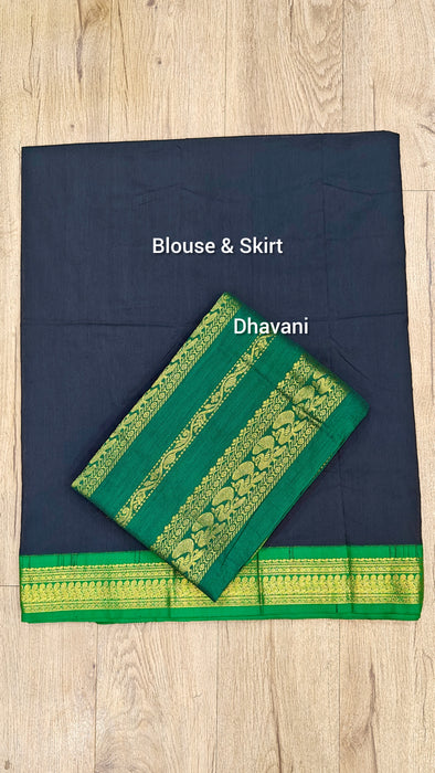 Cotton Half Saree Material - Black With Green