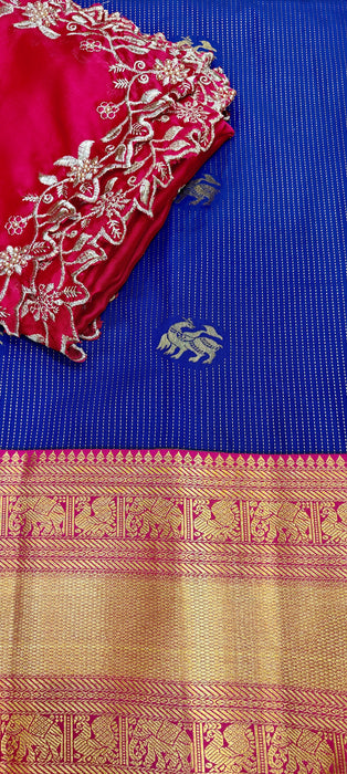 Semi Silk Half Saree Material - NavyBlue With Pink