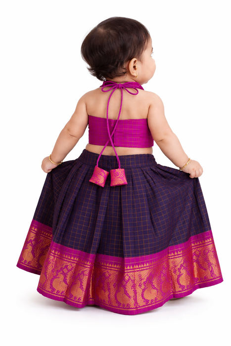 Kids Sungudi Cotton Crop Top – Traditional Pavadai Sattai -Magenta With DarkBlue